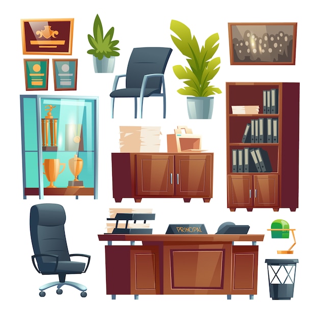 Free Vector principal school office interior furniture and stuff set. director table, desk with printer, chairs and bookcase with files folders, trophies in glass stand, potted plants. cartoon illustration