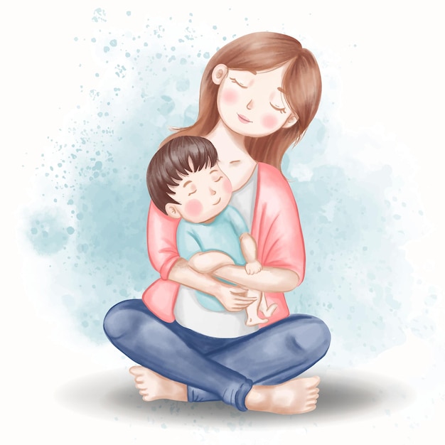 Free Vector prinmom and son watercolor illustration for mothers day