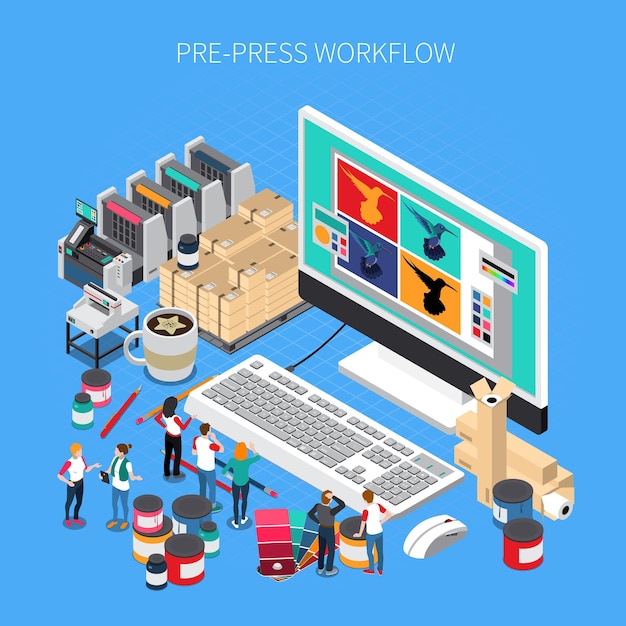 Free Vector printing house isometric composition with digital prepress workflow technology software  on desktop computer monitor