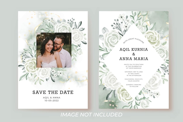 Printwedding invitation template with photo frame rose white and greenery leaves watercolor