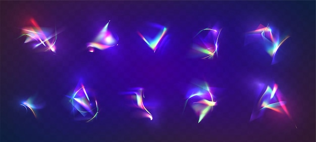 Free vector prism light reflection from diamond or lens realistic set of bright iridescent glares rainbow flares