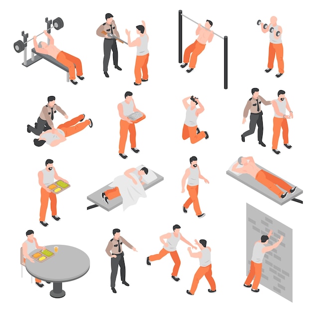 Free Vector prison isometric icons set of policeman offender warden and prisoner characters isolated vector illustration