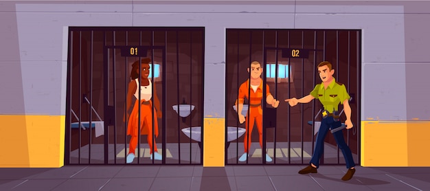 Prisoners in prison jail and policeman. People in orange jumpsuits in cell. 