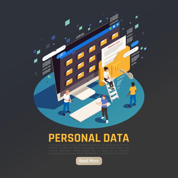 Privacy data protection gdpr isometric illustration with desktop computer with folders people and read more button 