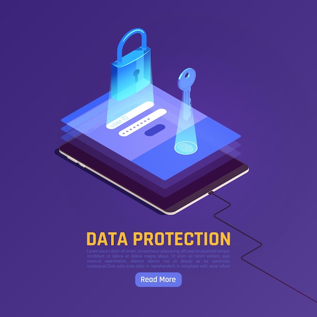 Privacy data protection gdpr isometric illustration with gadget and stack of screens with key and lock