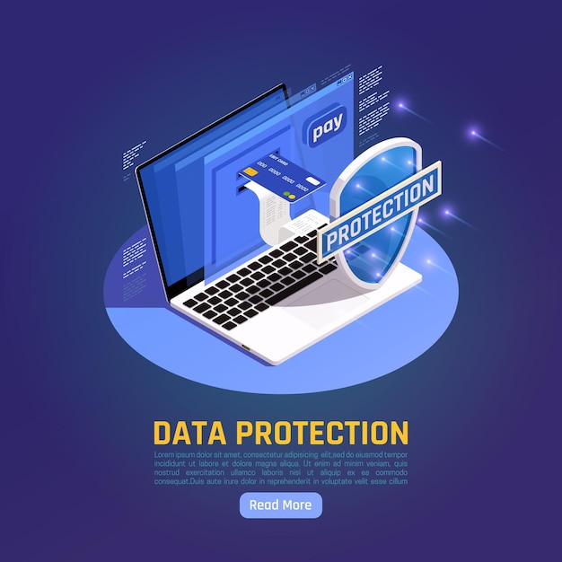 Privacy data protection gdpr isometric illustration with read more button and laptop with shield