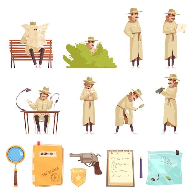 Free Vector private detective cartoon icons collection 