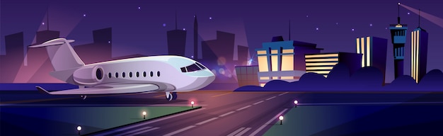 Free Vector private passenger plane or personal business jet on runway at night, airport terminal building 