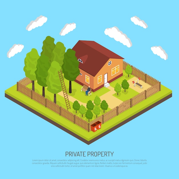 Free Vector private property boundary fences isometric illustration 