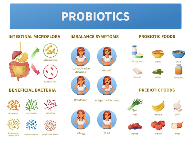 Probiotics infographics cartoon set with isolated intestinal microflora and bacteria icons with food images and people vector illustration