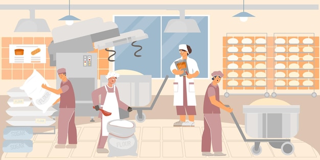 Free vector the process of making dough in a bakery factory flat illustration