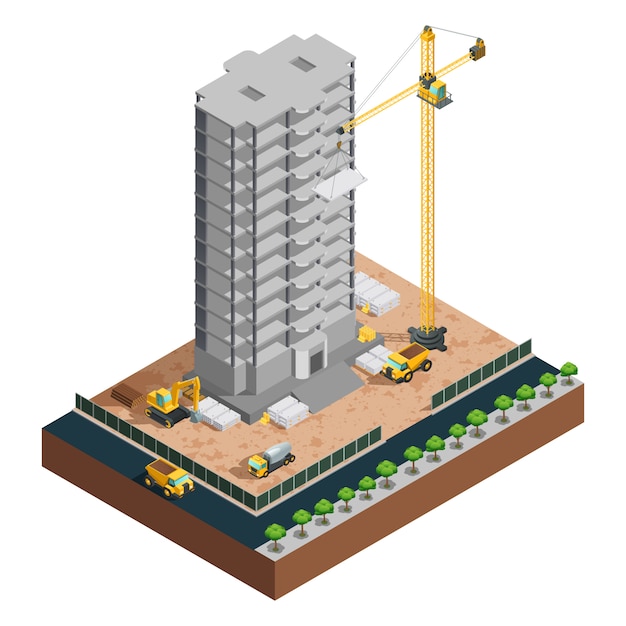 Process of many-storeyed building construction isometric composition with various vehicles and mater