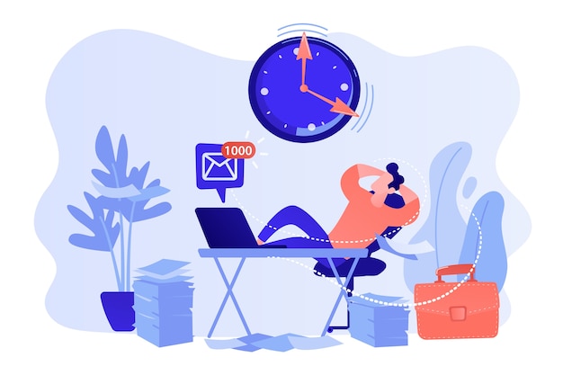 Procrastinating businessman sitting with legs on office desk postponing work. Procrastination, unprofitable time spending, useless pastime concept. Pinkish coral bluevector isolated illustration