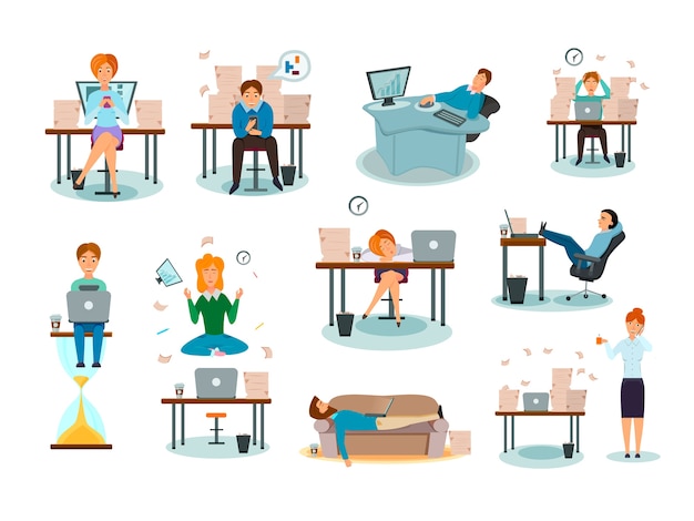 Free Vector procrastination characters overwhelmed with work delaying tasks sleeping in workplace distracted symptoms cartoon icons collection 