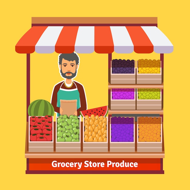 Free vector produce shop keeper. fruit and vegetables retail