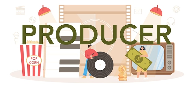 Producer typographic header Film and music production entertainment industry Artist creating media with a studio equipment Idea of creative profession Flat vector illustration