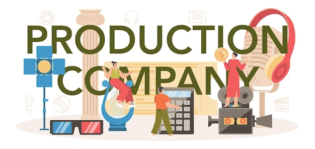 Production company typographic header Film and music production entertainment industry Artist creating media with a studio equipment Idea of creative profession Flat vector illustration