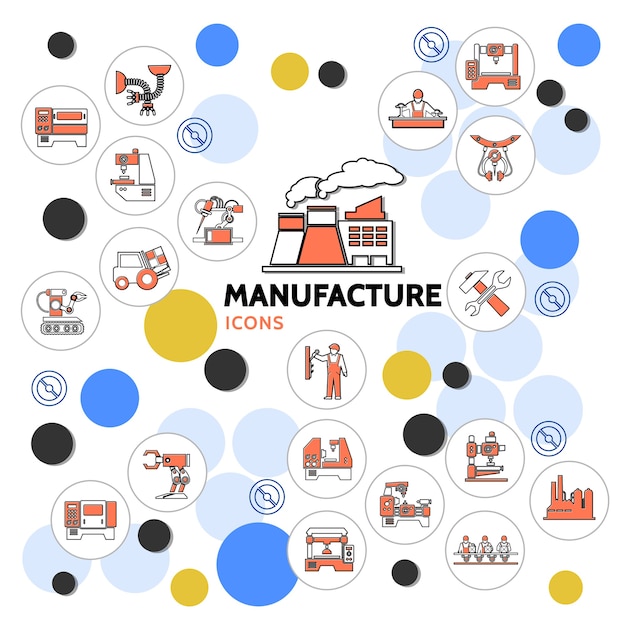 Production linear icons collection with plant engineer technician conveyor belt assembly line robotic