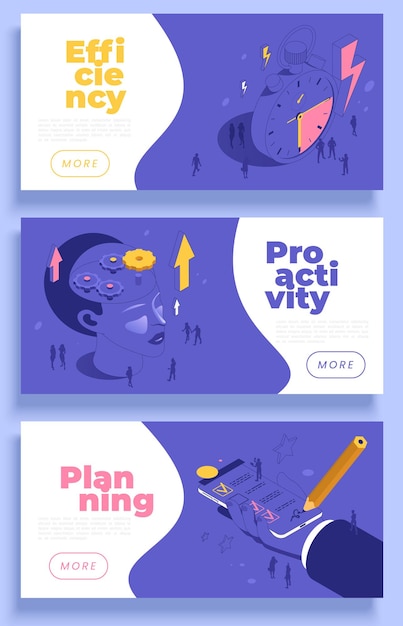 Free vector productivity improvement boosting isometric set of three horizontal banners with conceptual images text and clickable buttons vector illustration