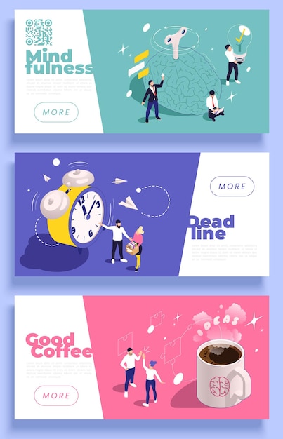 Free Vector productivity improvement boosting set of three horizontal banners with isometric images of coffee cup alarm clock vector illustration