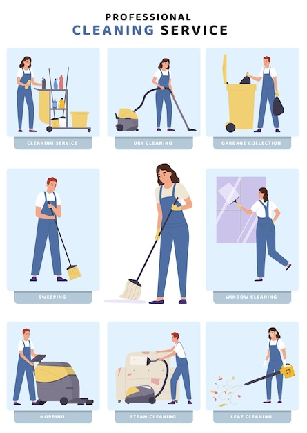 Free Vector professional cleaning service mopping steam sweeping garbage collection flat infographics vector illustration