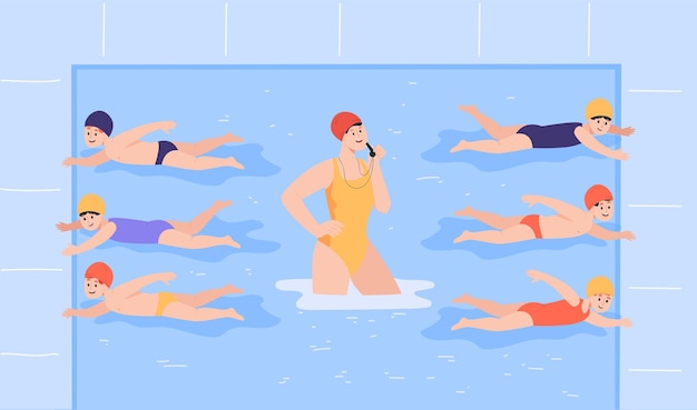 Free Vector professional coach training kids in swimming pool