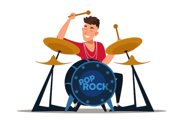 Free vector professional drummer talented musician holding drumsticks cartoon character pop rock concert music show live stage performance