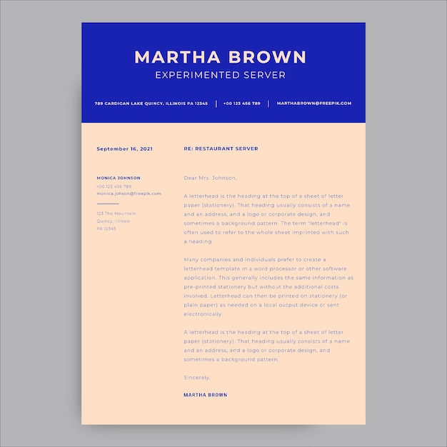 Professional duotone serving restaurant cover letter