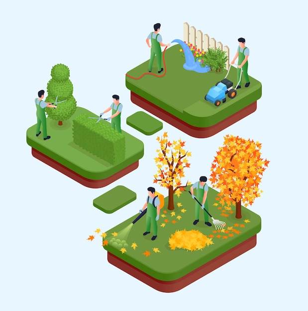 Free Vector professional gardening isometric elements so as topiary tree lawn mowing cleaning autumn foliage isolated compositions vector illustration