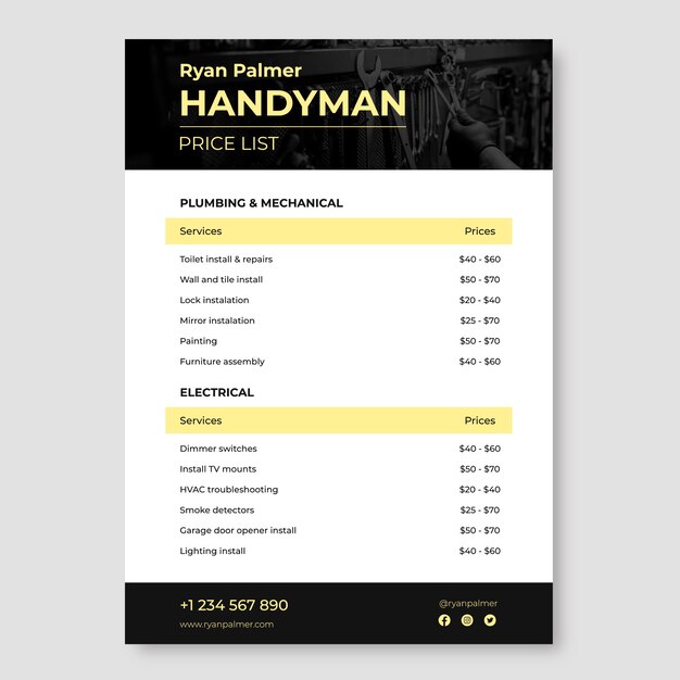 Professional handyman price list