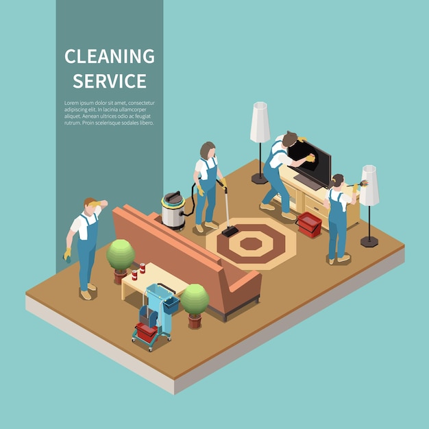 Free Vector professional home cleaning service team at work vacuuming carpet dusting lcd tv screen isometric composition