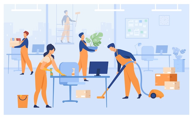 Free Vector professional janitors working in office isolated flat vector illustration. cartoon cleaning team washing, holding stuff, removing dust, using vacuum cleaner.