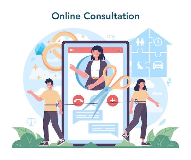 Professional lawyer online service or platform Housing family and land legal dispute Law advisor advocate defending a customer Online consultation Vector flat illustration