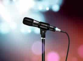 Free vector professional microphone concert realistic composition with vocal mic image mounted on stand with colourful blurred background