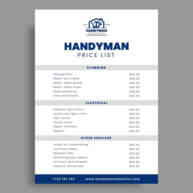 Professional minimalist handyman price list