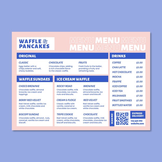 Professional minimalist waffle & pancakes menu