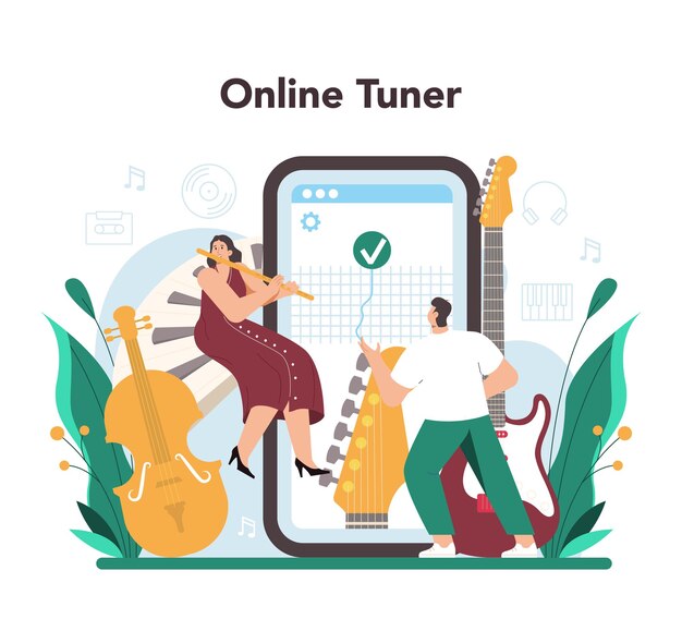 Professional musician playing musical instruments online service or platform Talented musicians performance Online tuner Vector flat illustration