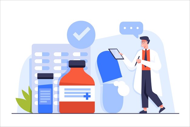 Professional Pharmaceutical Science Pharmacist checking Medicaments in Pharmacy Store Pharmacy Business Medicine Drug Store Character Flat Cartoon Vector Illustration