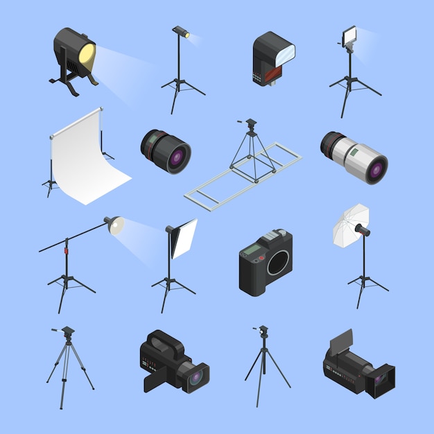 Professional photo studio equipment isometric icons set