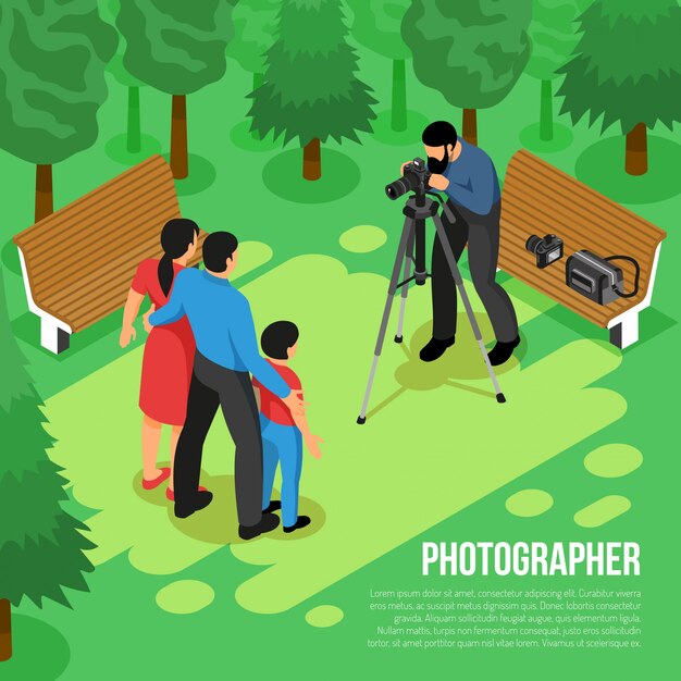 Professional photographer family shooting outdoor session with camera on tripod isometric composition in summer park  vector illustration