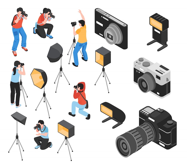 Professional photographer and work equipment including cameras, tripod, lighting facilities  isometric