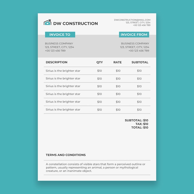 Professional simple construction invoice