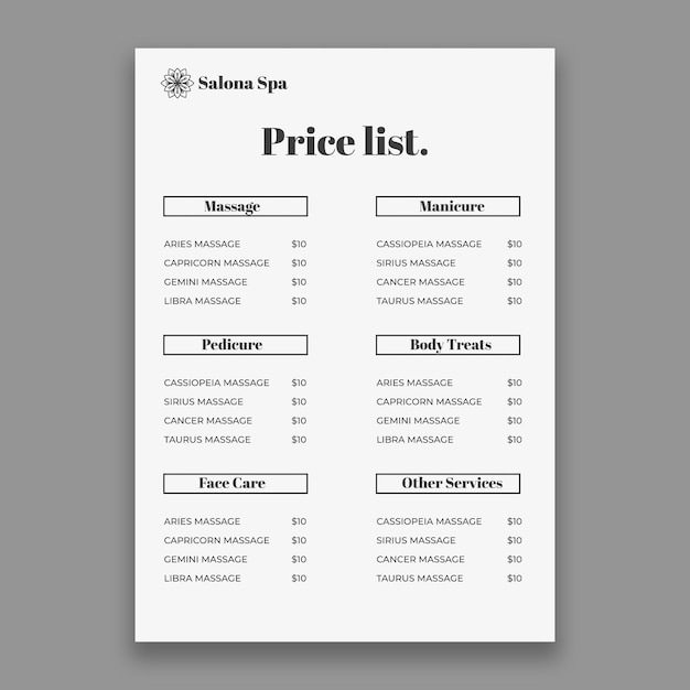 Professional spa price list