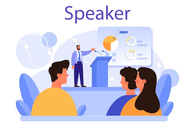 Professional speaker concept Rhetoric or elocution specialist speaking to a microphone Business seminar speaker Broadcasting or public address Flat vector illustration