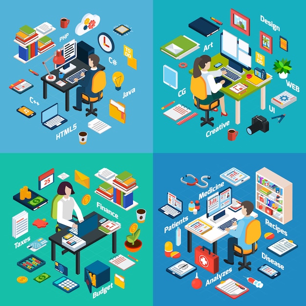 Professional Workplace Isometric Icons Square 