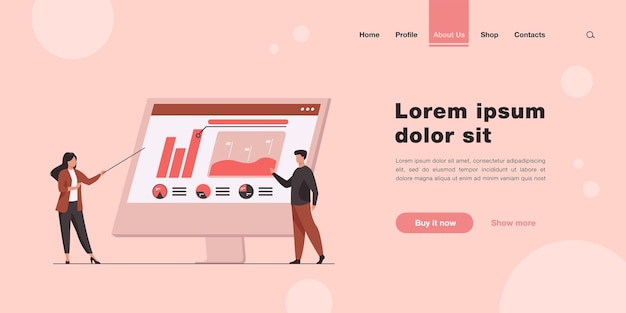Free Vector professionals analyzing charts on computer monitor landing page in flat style