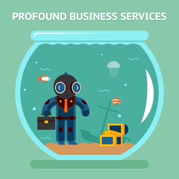 Profound business services. Business analyst with deep dive. Coin money, qualitatively and difficult. Vector illustration