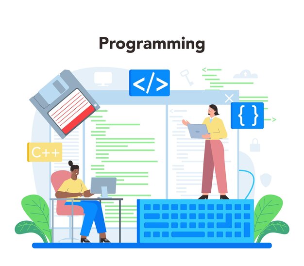 Programmer concept Idea of coding testing and writing program using internet and different software Website development and optimization Isolated vector illustration