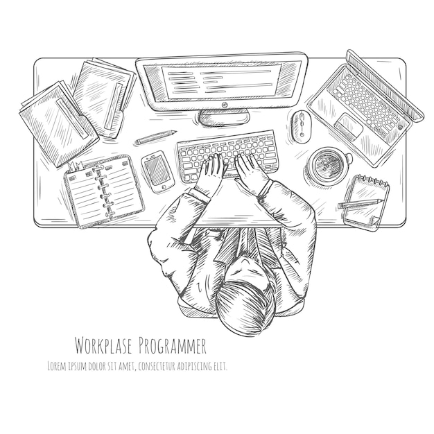 Programmer work place with man at the table top view sketch 