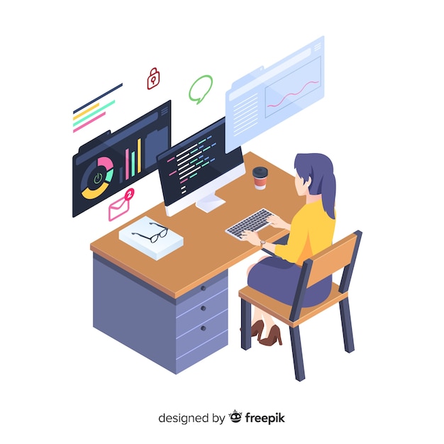 Programmer working in isometric style